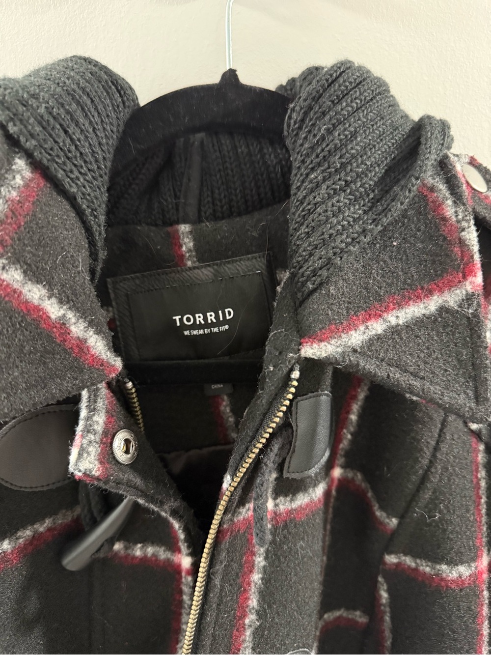 torrid Black Plaid Coat with Red & Gray Stripe Accents